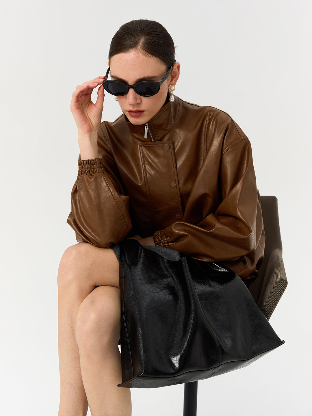 Waxed Faux Leather Oversized Bomber Jacket