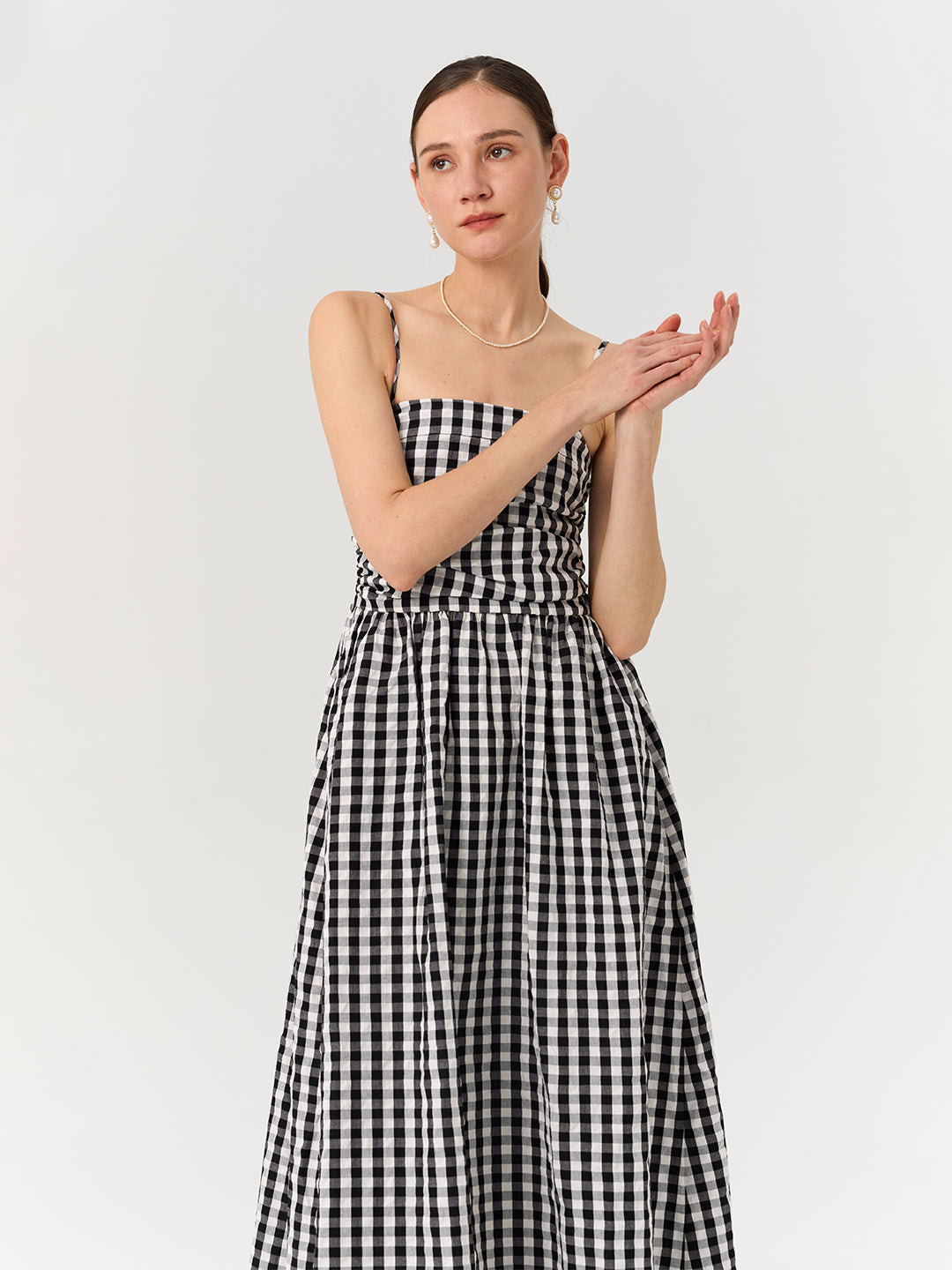 Vintage Pleated Waist-Cinching Plaid Long Slip Dress