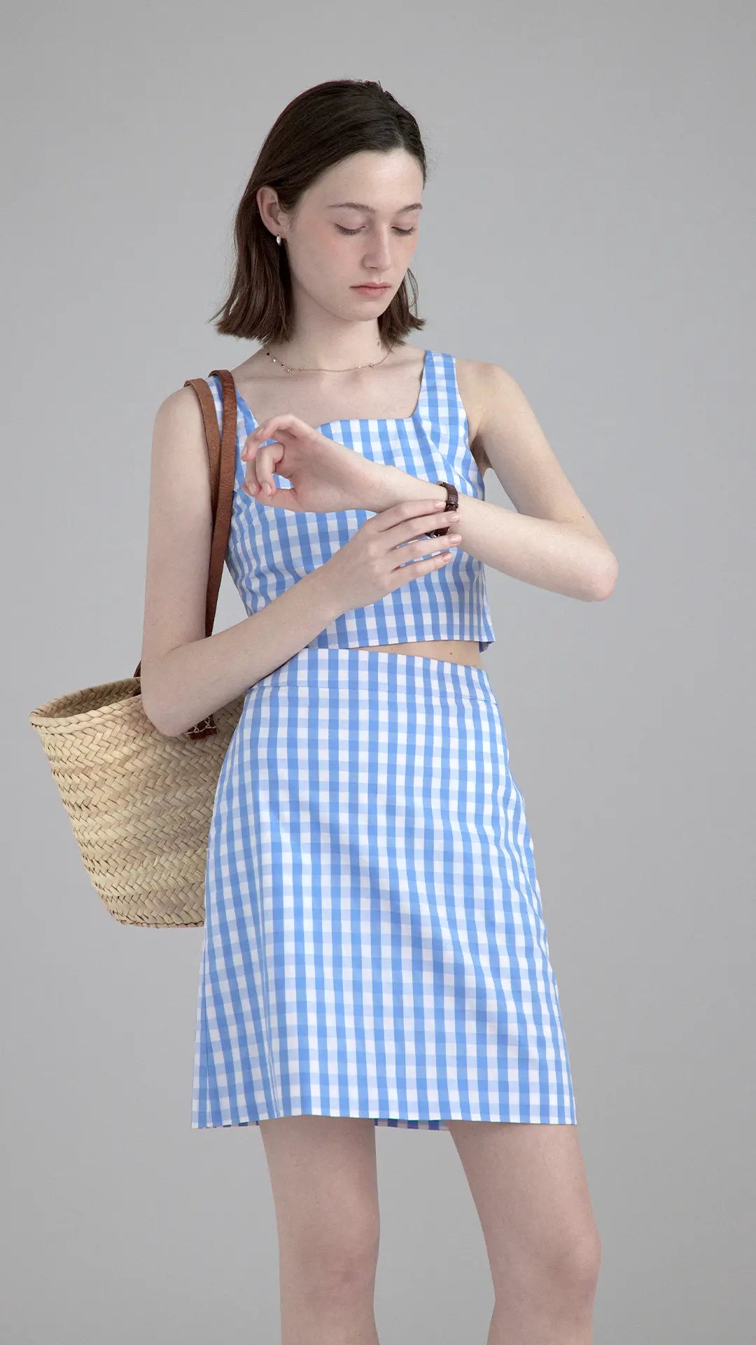 Linen Simple Strappy plaid Tank Top /Skirt