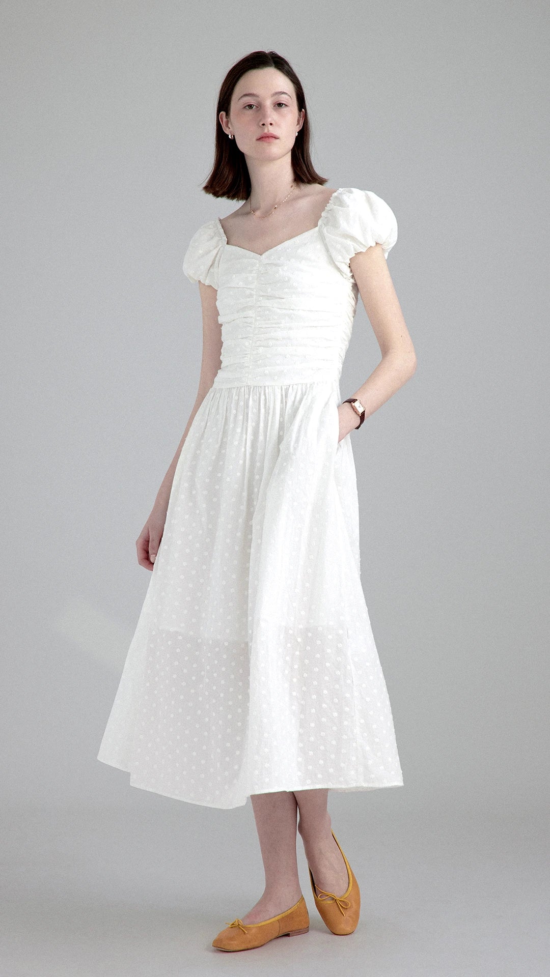 White Embroidered Waist-Defined Dress