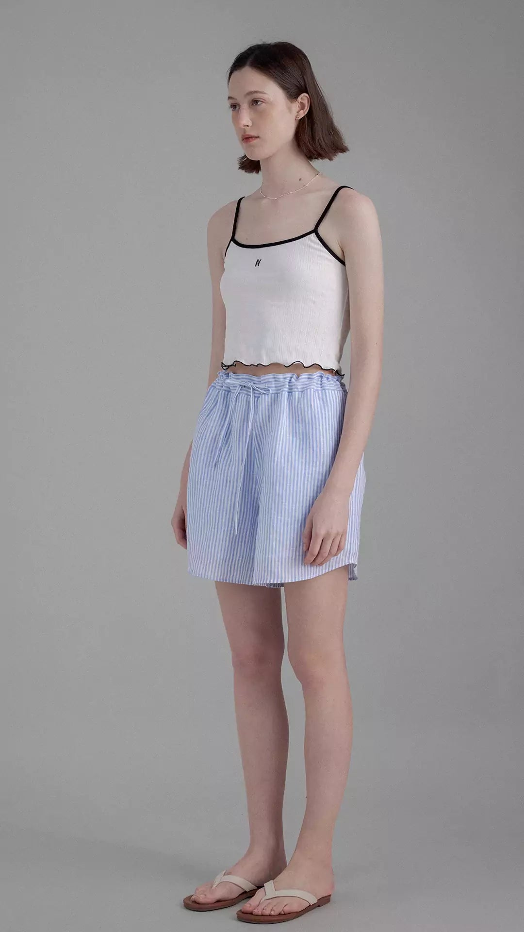 Spaghetti Strap Tank Top with Contrast Ruffle Trim and Small 'n' Embroidery