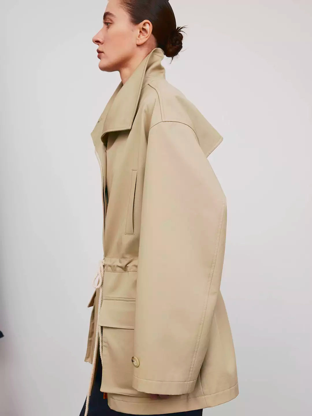 Drawstring Patch Pocket Trench Coat Jacket