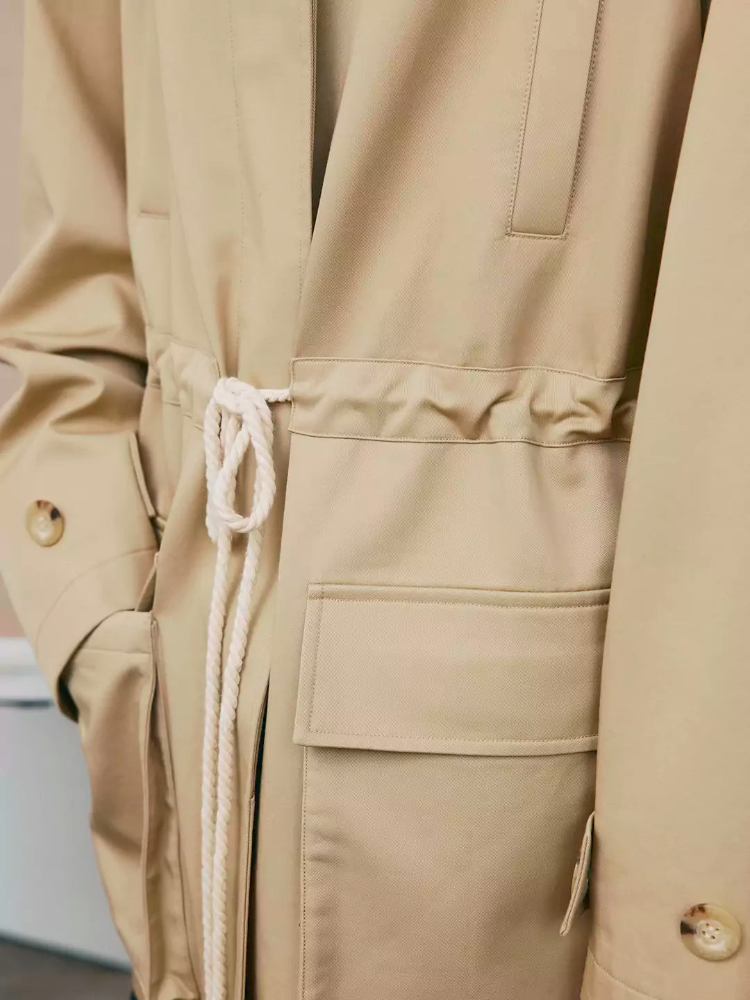 Drawstring Patch Pocket Trench Coat Jacket