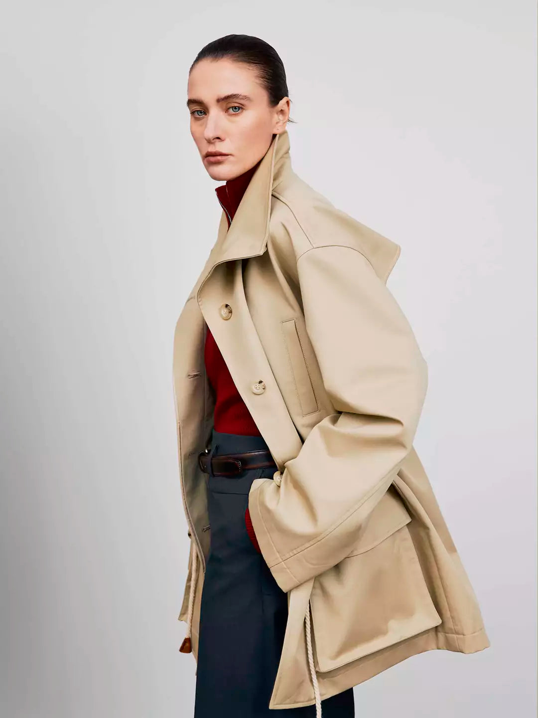 Drawstring Patch Pocket Trench Coat Jacket