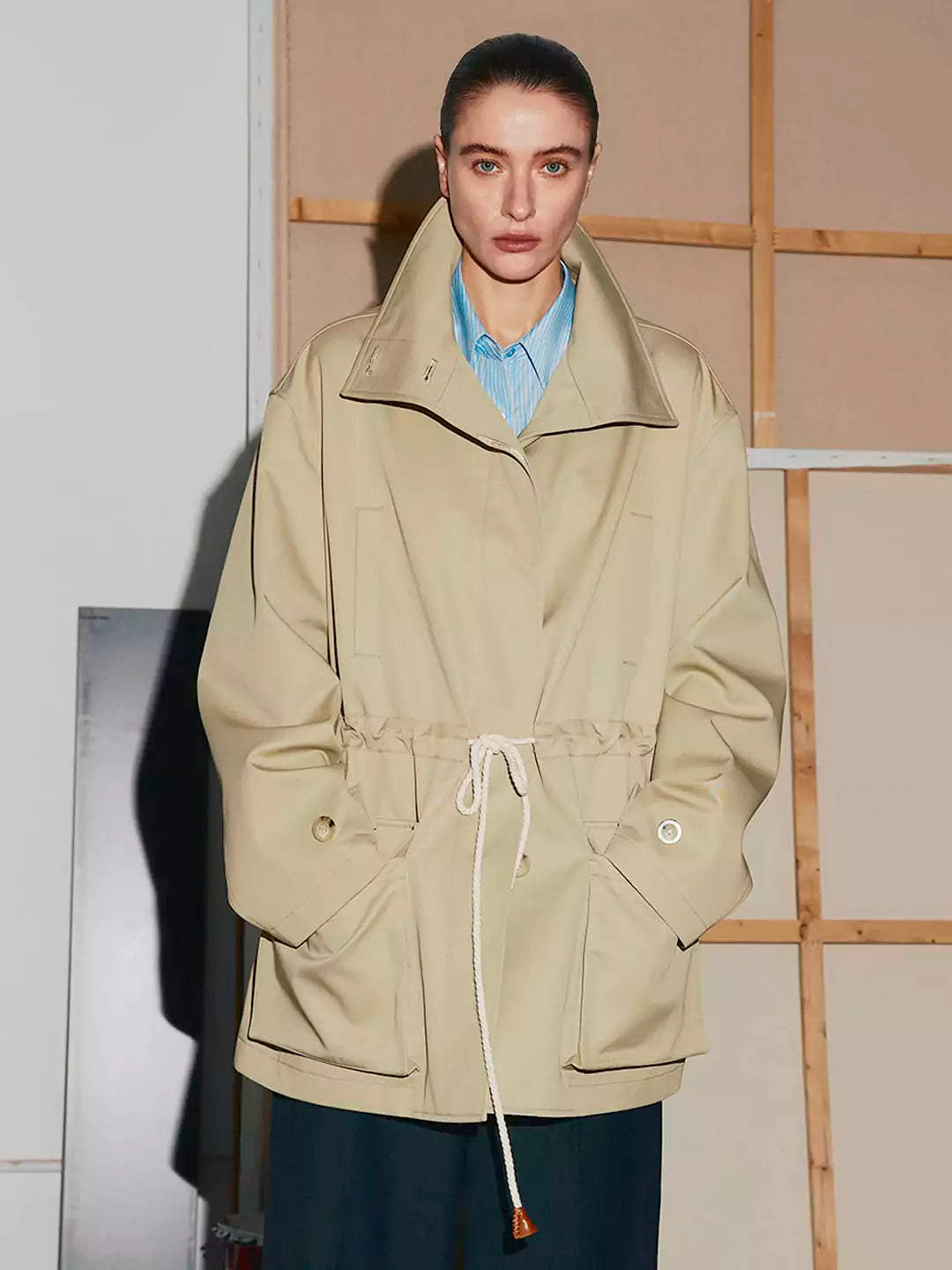 Drawstring Patch Pocket Trench Coat Jacket