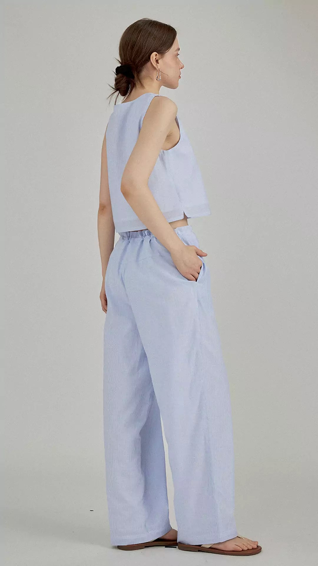 Linen Blue and White Striped Loungewear Set (Top and Pants)
