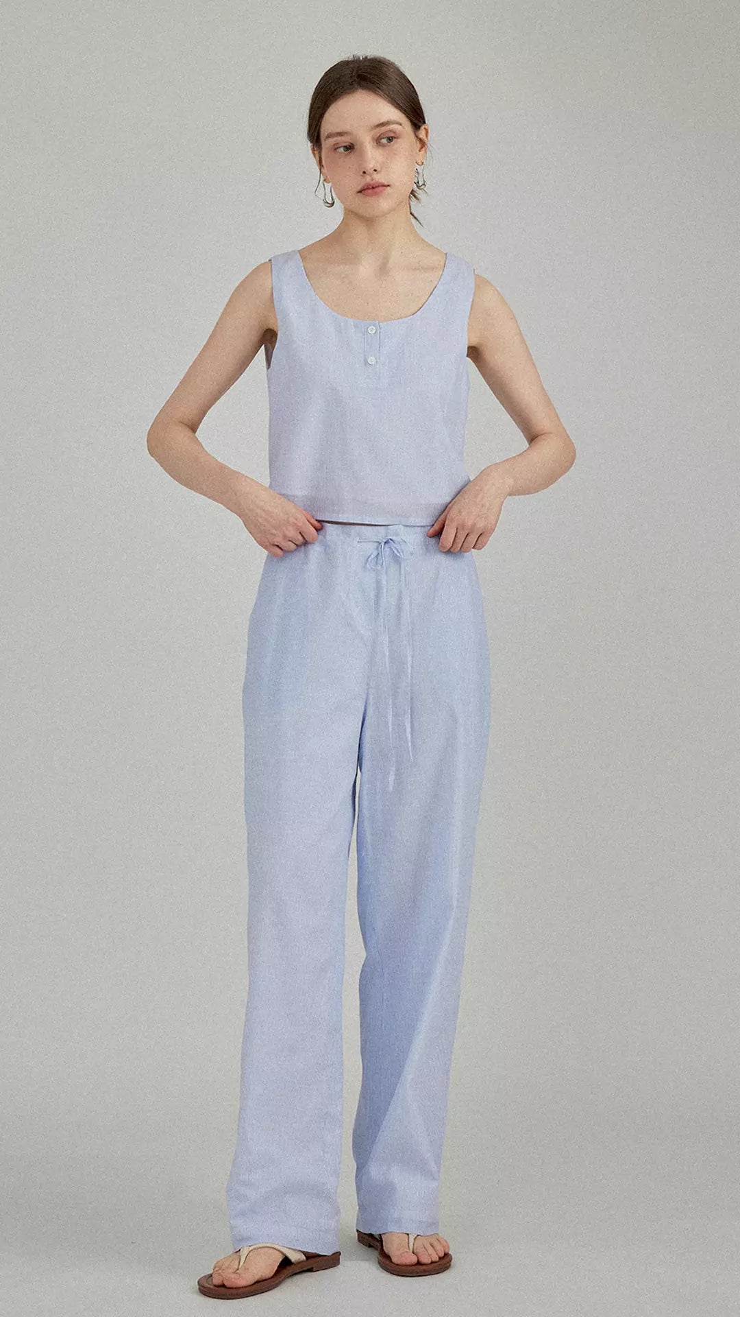 Linen Blue and White Striped Loungewear Set (Top and Pants)