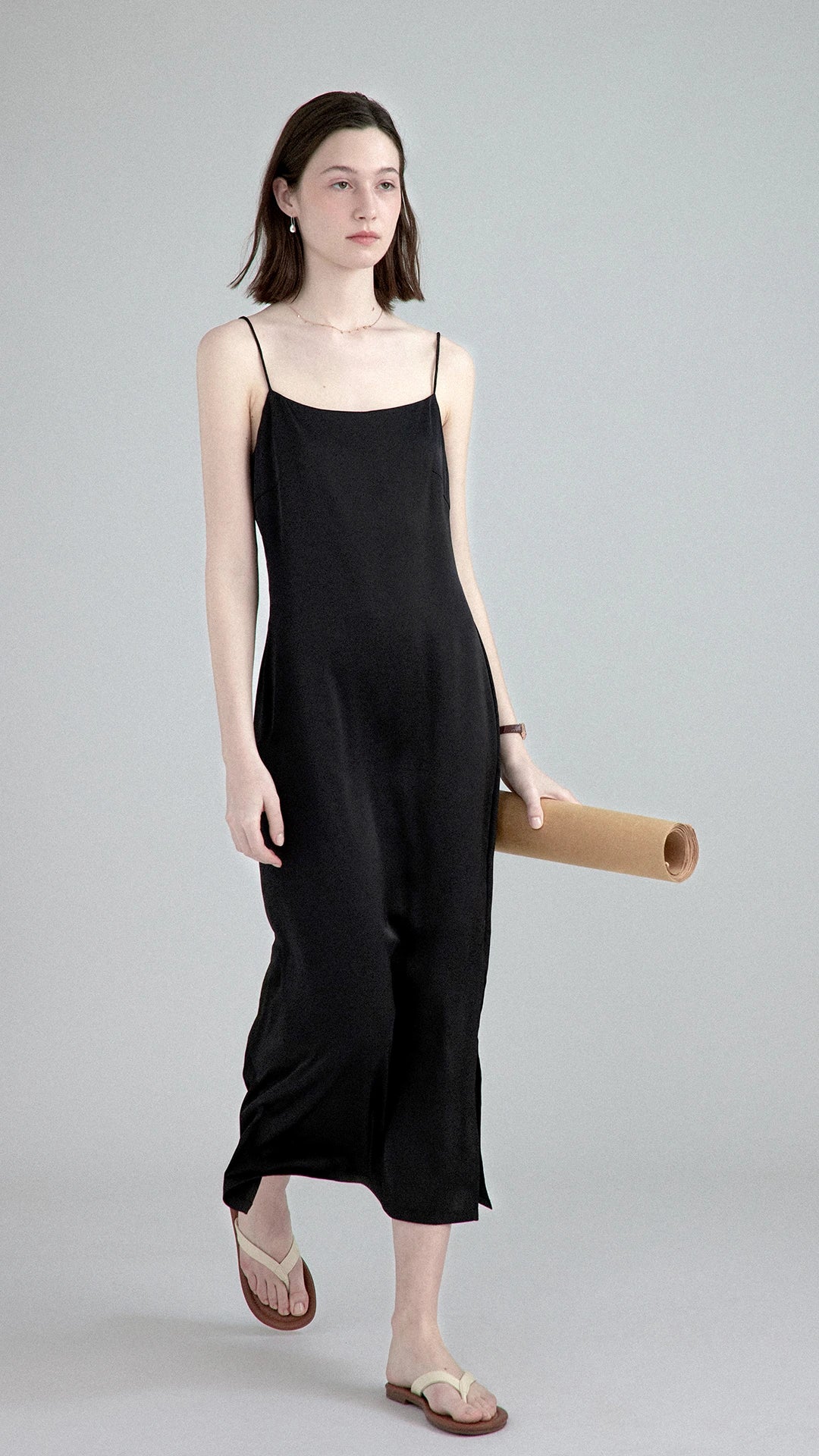 Minimalist Row Style Satin Slim Fit Split Hem Slip Dress