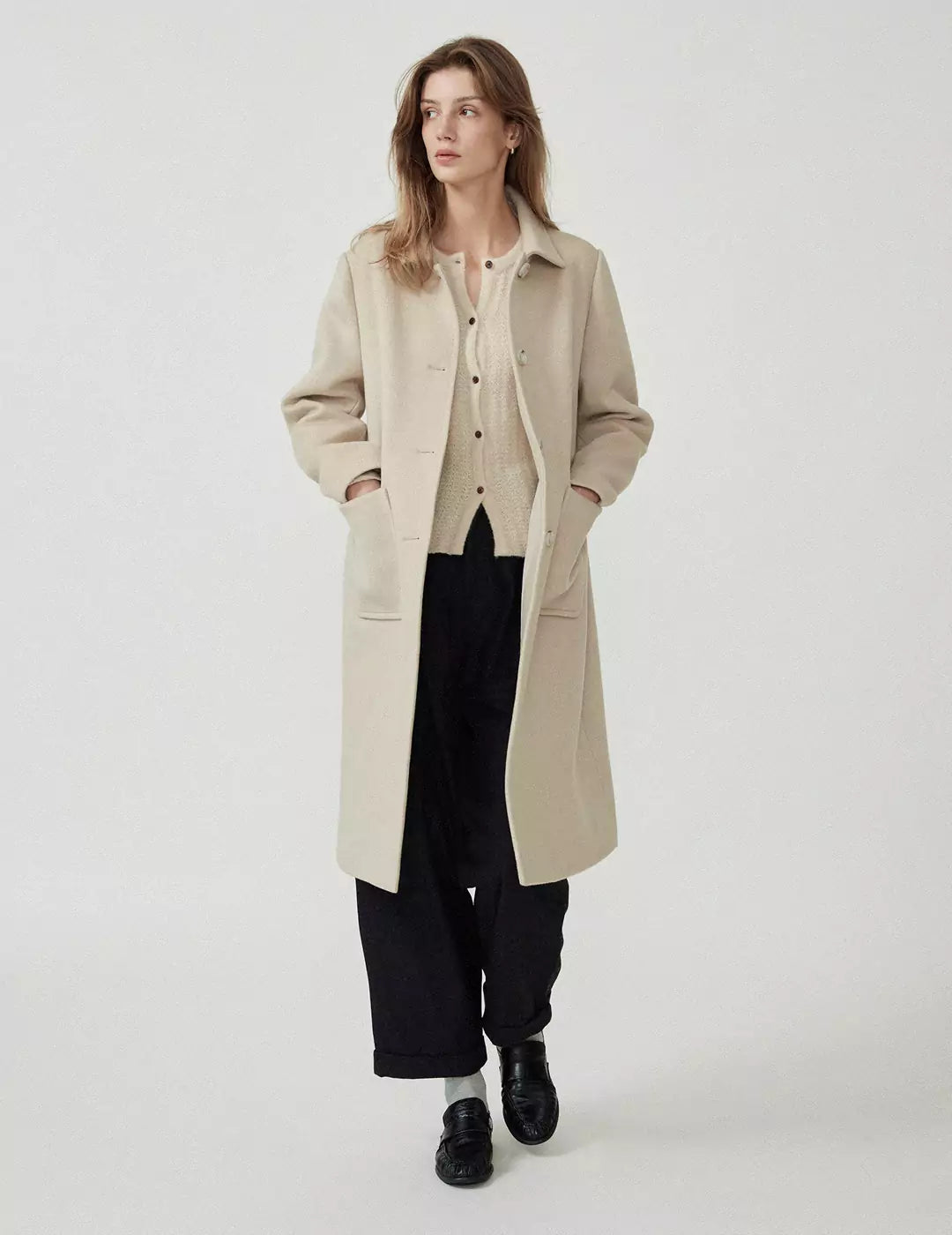 Long Pure Wool Turn-Down Collar Trench Coat