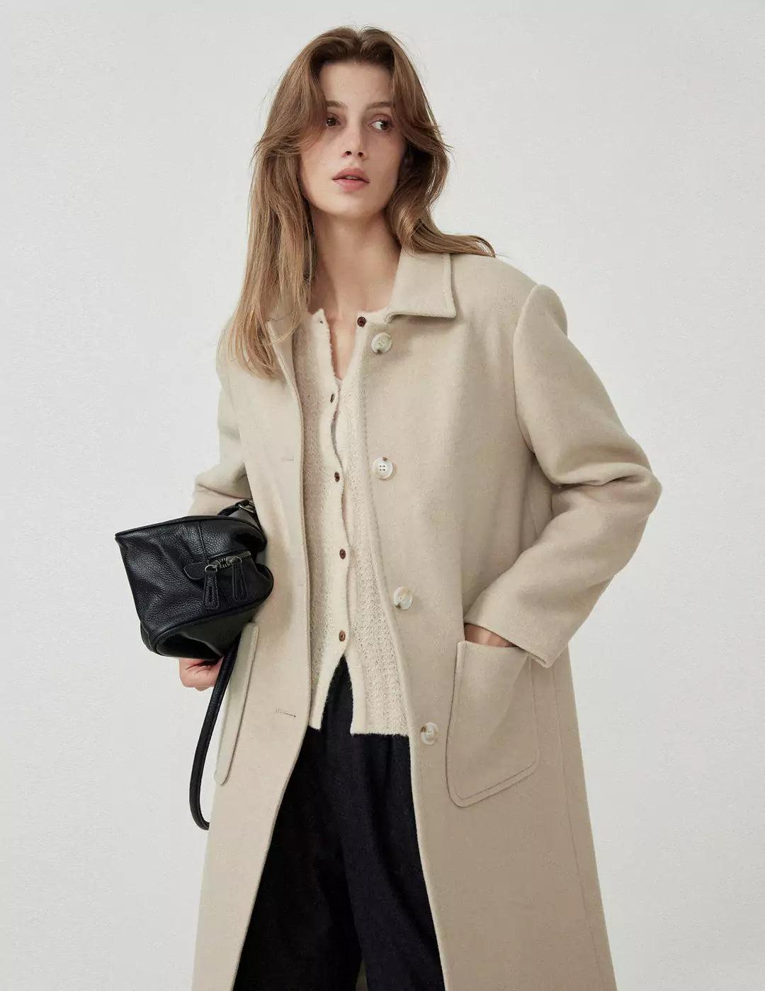 Long Pure Wool Turn-Down Collar Trench Coat