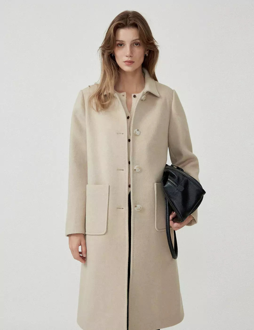 Long Pure Wool Turn-Down Collar Trench Coat