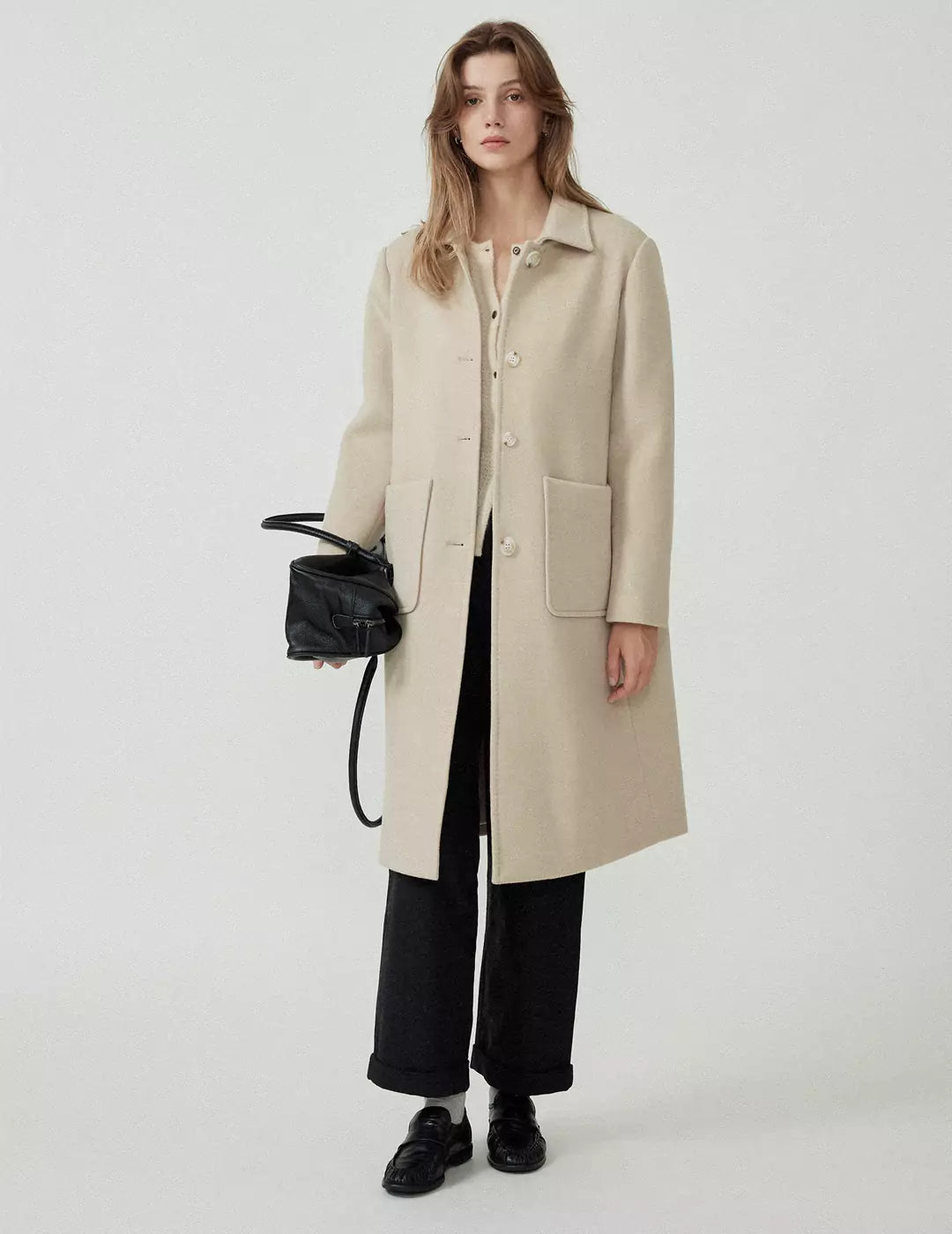 Long Pure Wool Turn-Down Collar Trench Coat