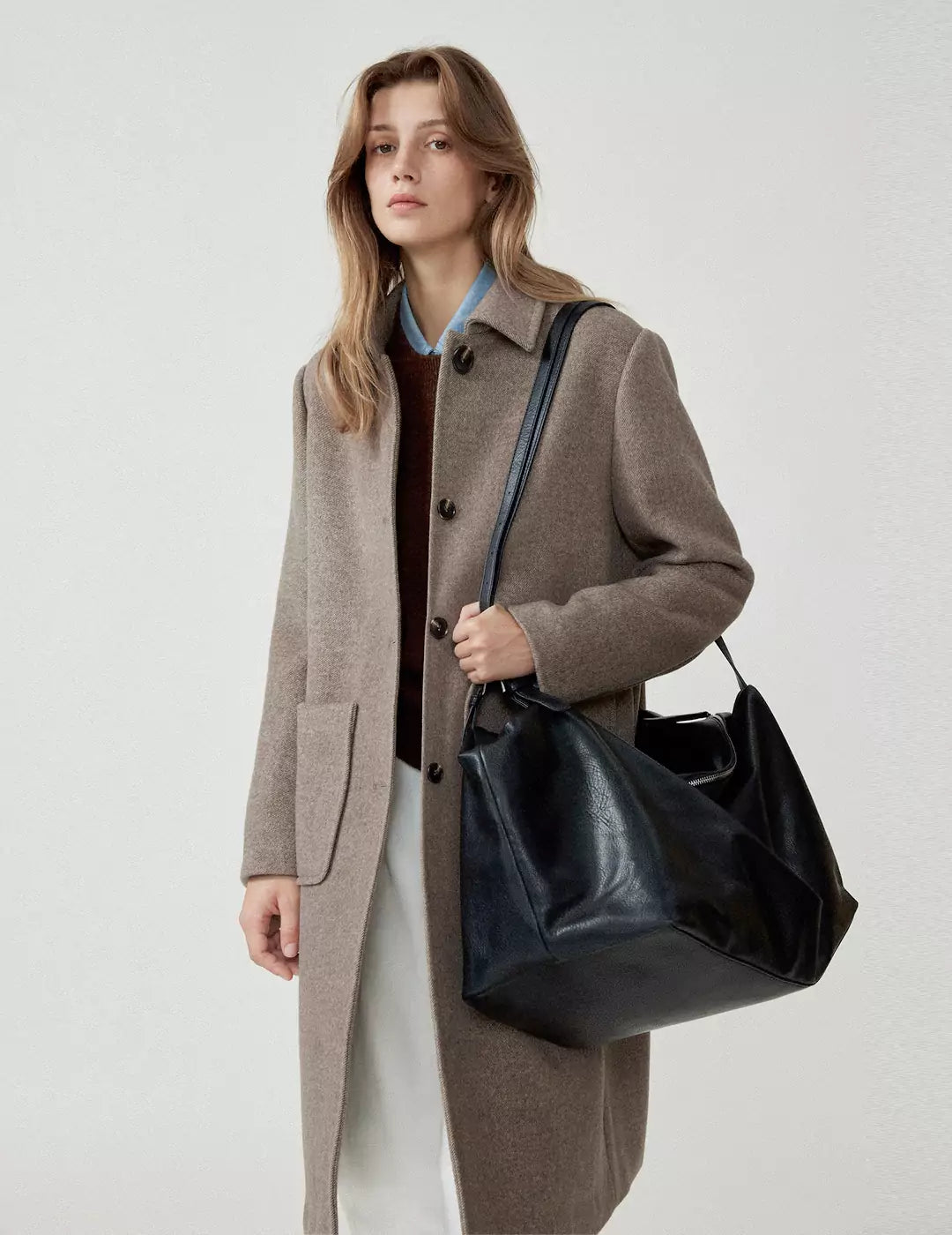 Long Pure Wool Turn-Down Collar Trench Coat