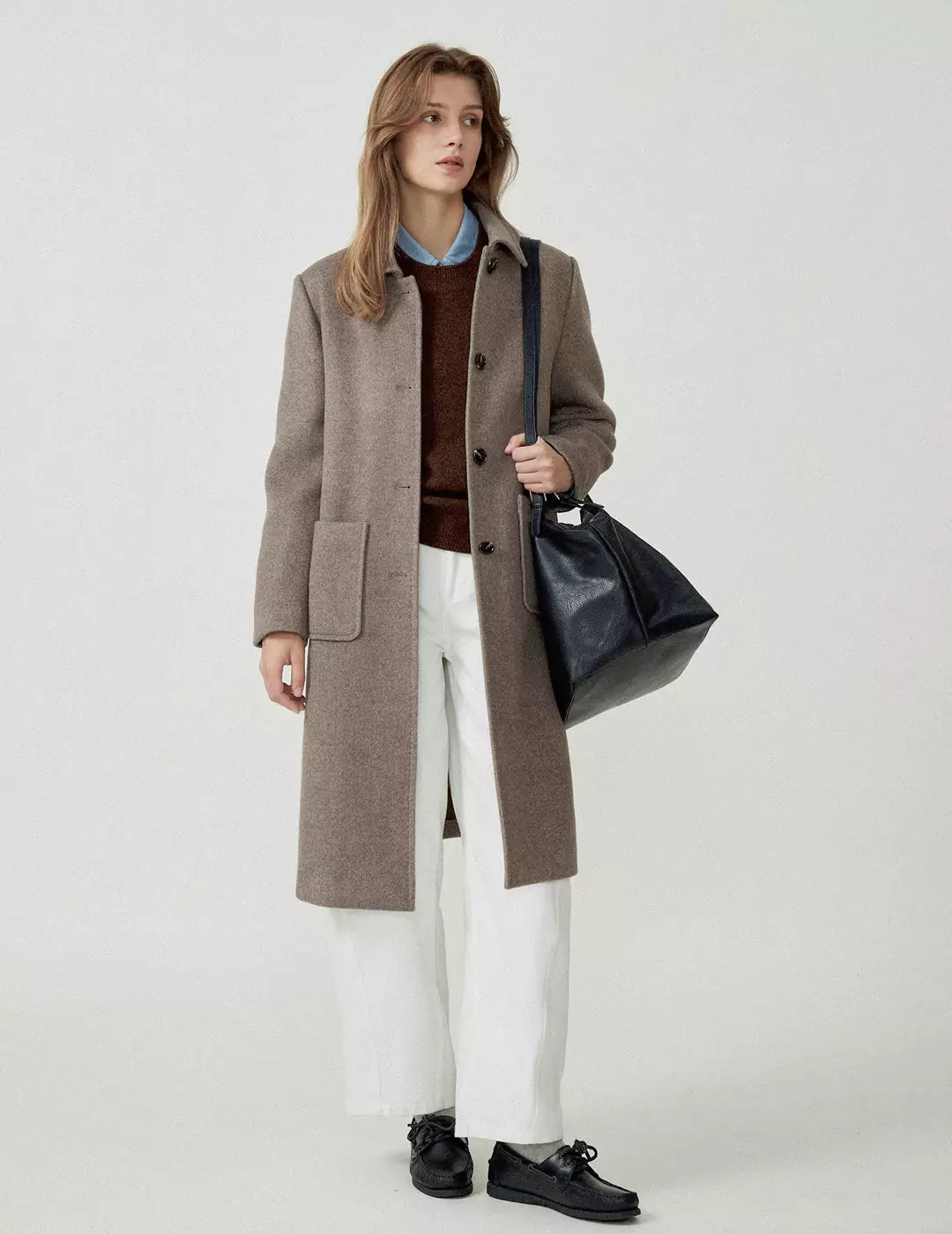 Long Pure Wool Turn-Down Collar Trench Coat