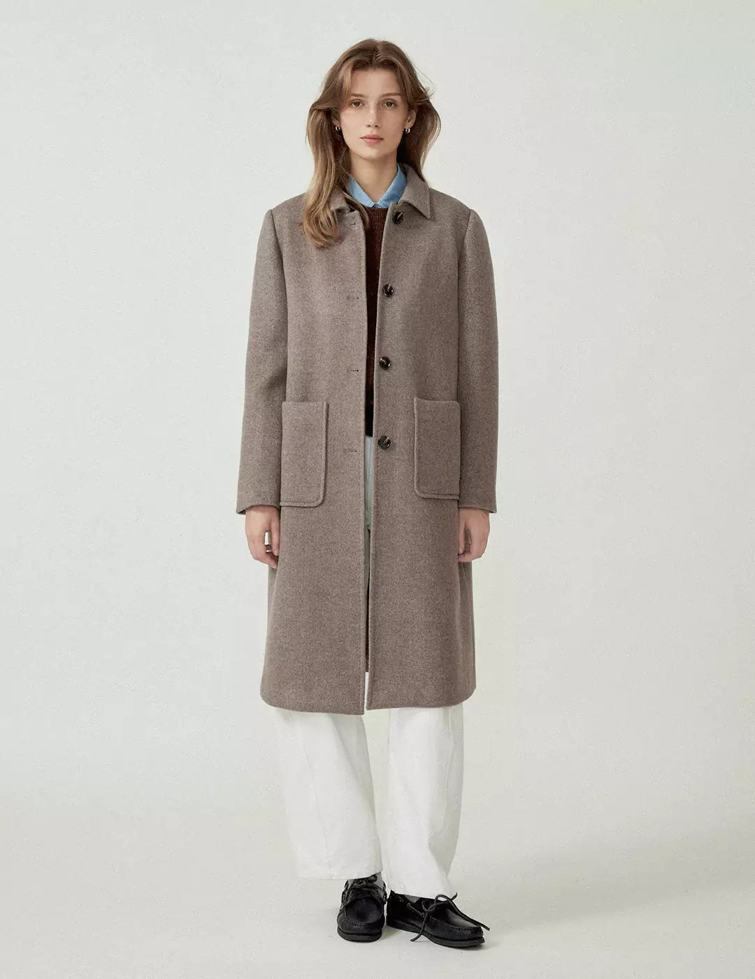 Long Pure Wool Turn-Down Collar Trench Coat