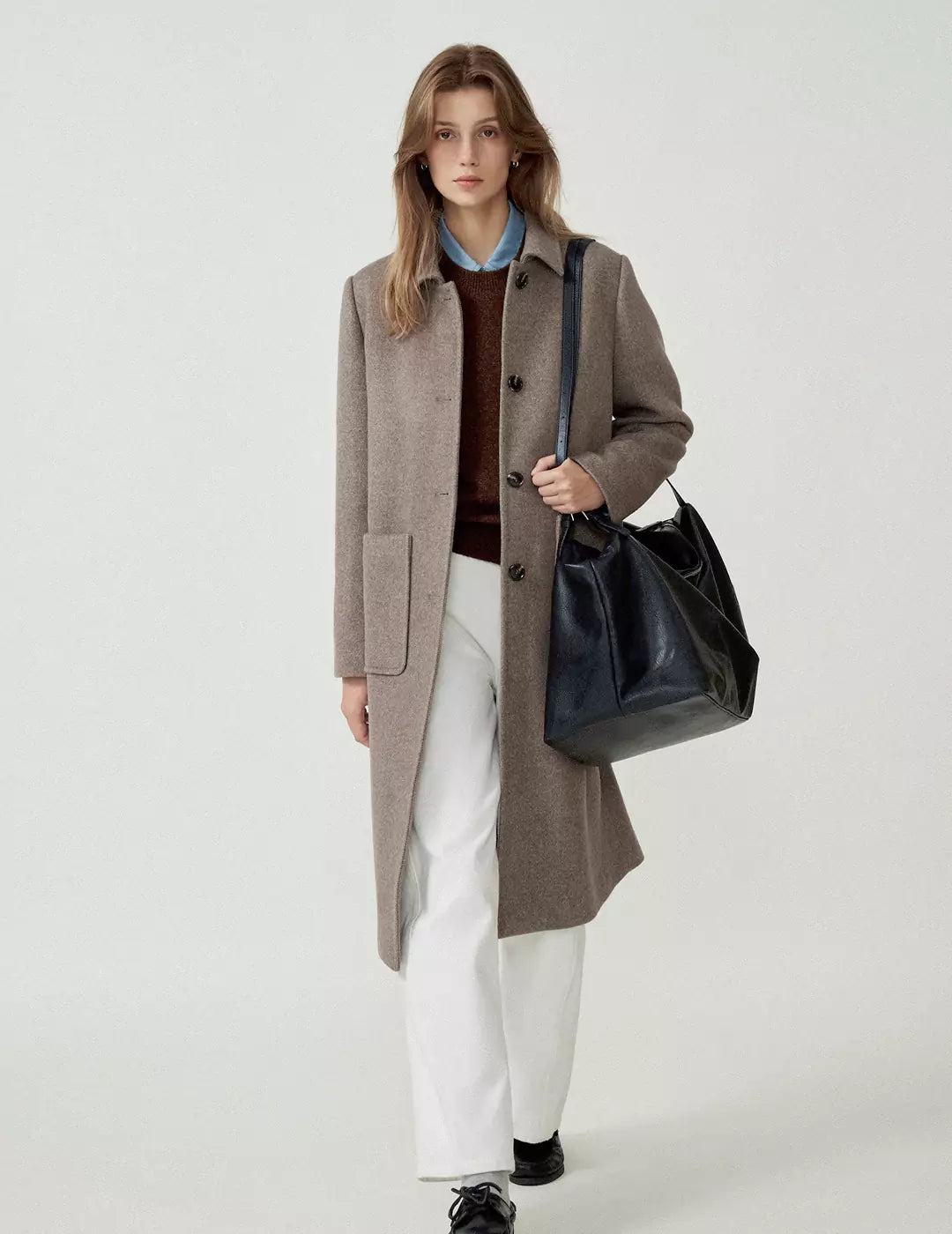 Long Pure Wool Turn-Down Collar Trench Coat