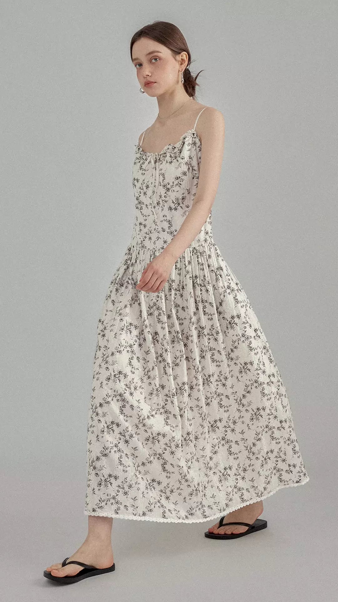 Embroidered Floral Lace-Trim Spaghetti Strap Tie-Front Dress