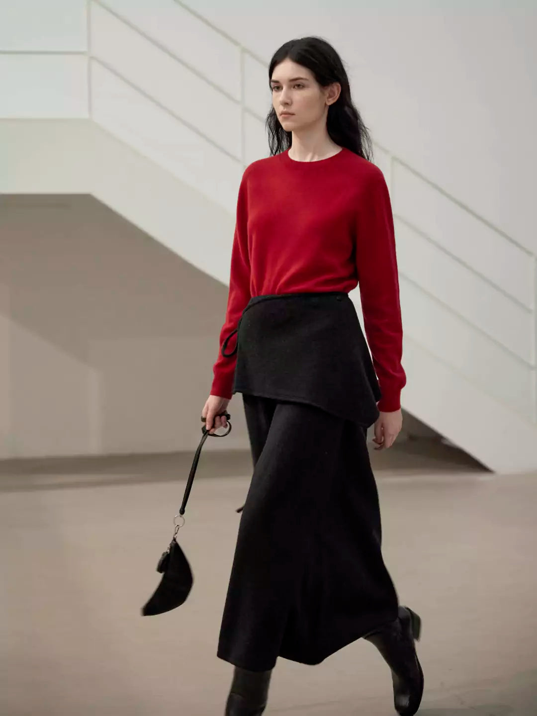 Wool A-Line Midi Skirt with Detachable Sheepskin Belt