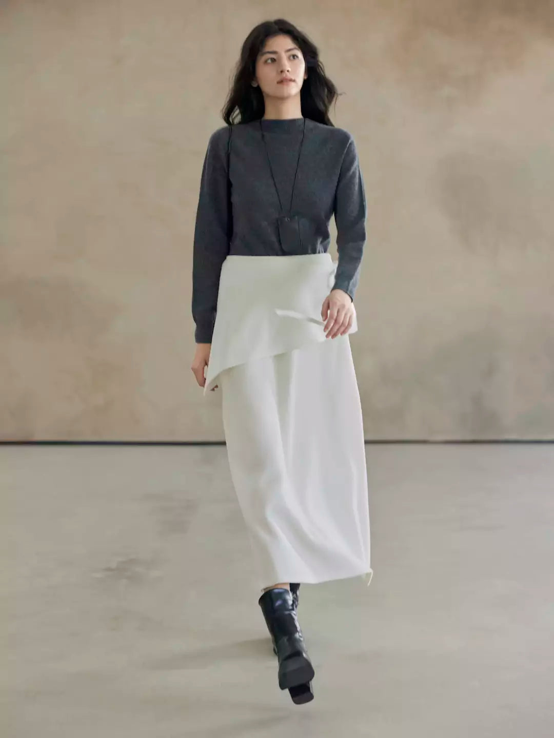 Wool A-Line Midi Skirt with Detachable Sheepskin Belt