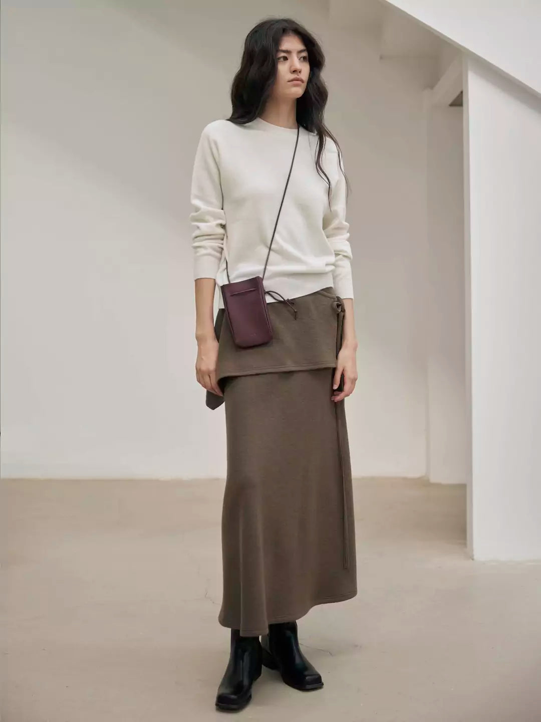 Wool A-Line Midi Skirt with Detachable Sheepskin Belt