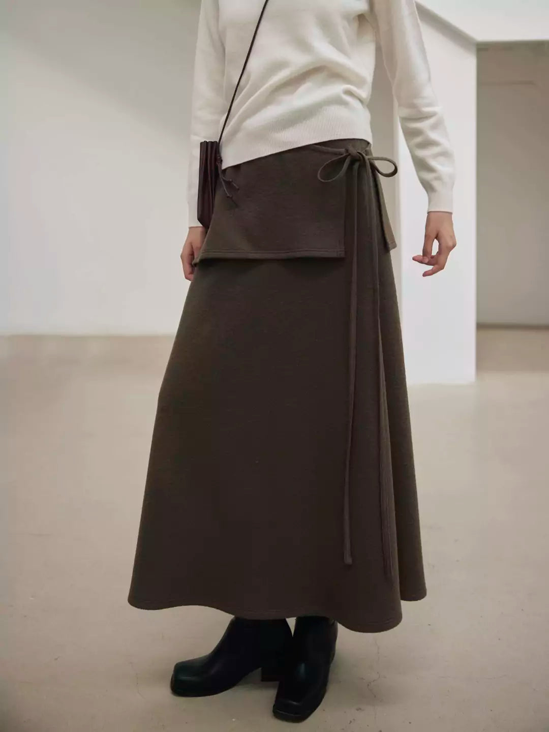 Wool A-Line Midi Skirt with Detachable Sheepskin Belt