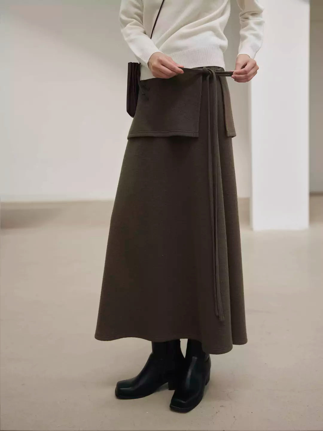 Wool A-Line Midi Skirt with Detachable Sheepskin Belt