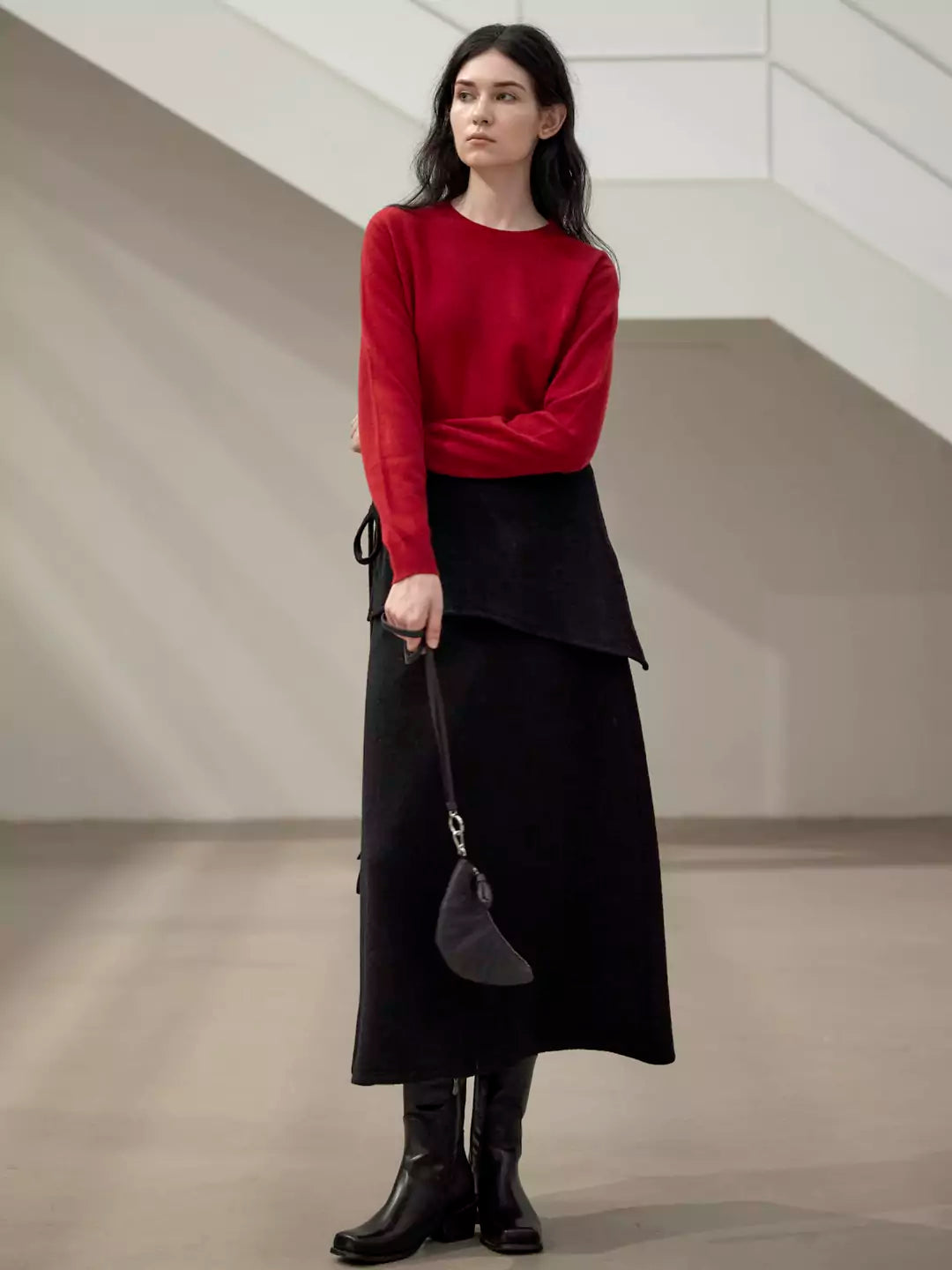 Wool A-Line Midi Skirt with Detachable Sheepskin Belt