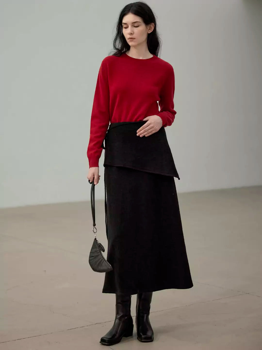 Wool A-Line Midi Skirt with Detachable Sheepskin Belt