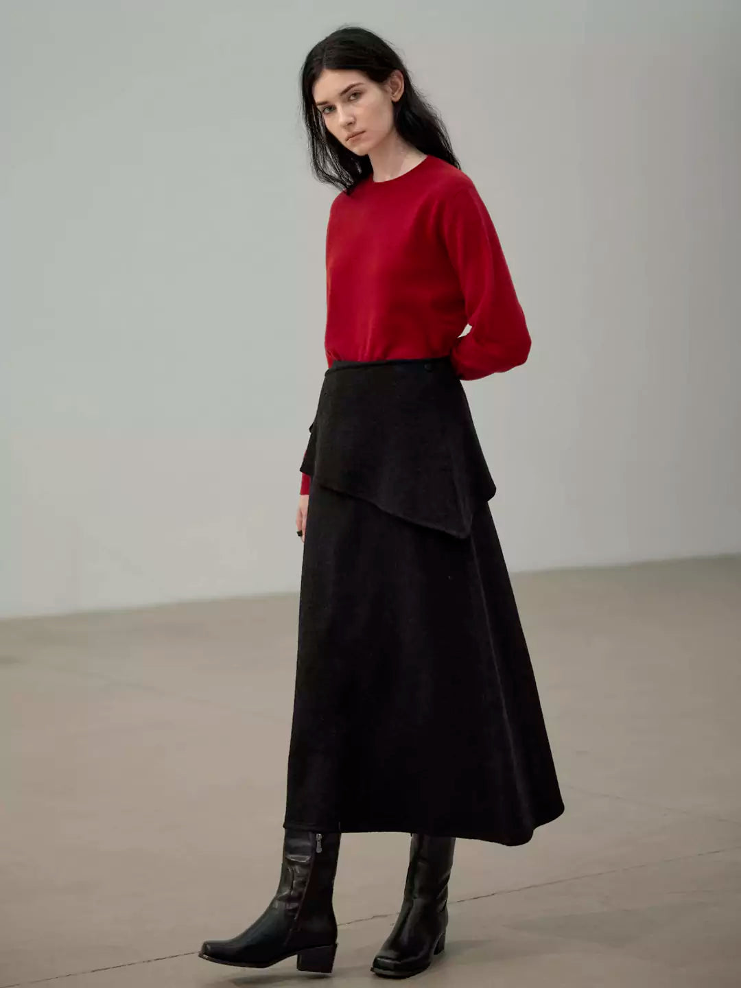 Wool A-Line Midi Skirt with Detachable Sheepskin Belt