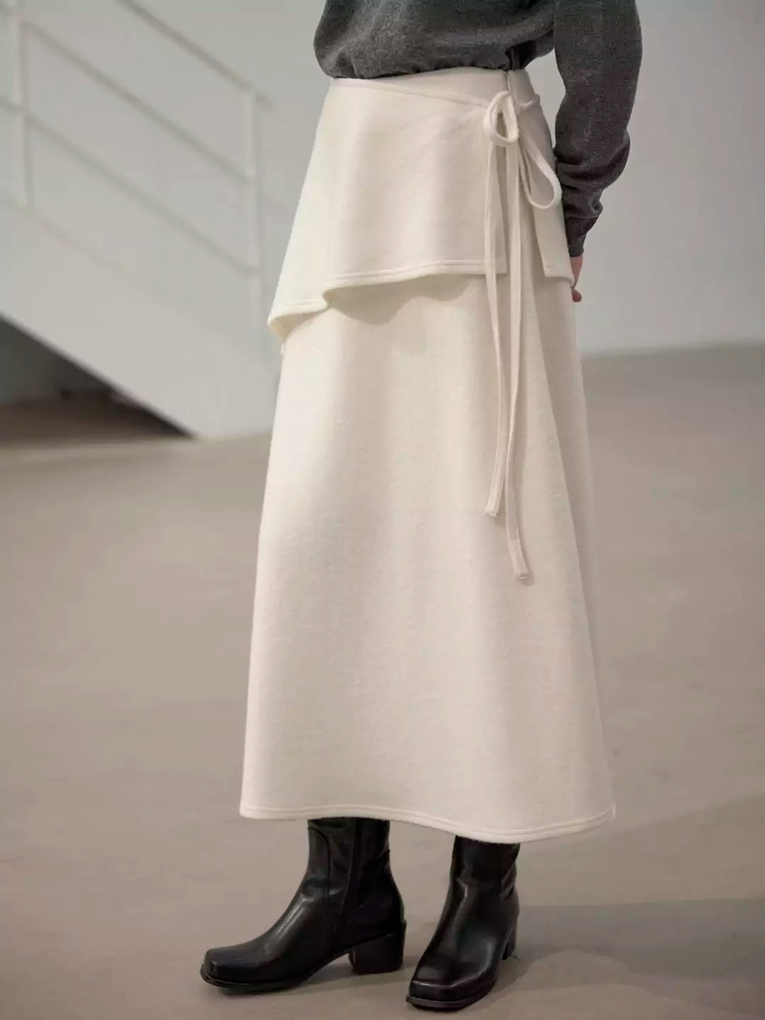 Wool A-Line Midi Skirt with Detachable Sheepskin Belt