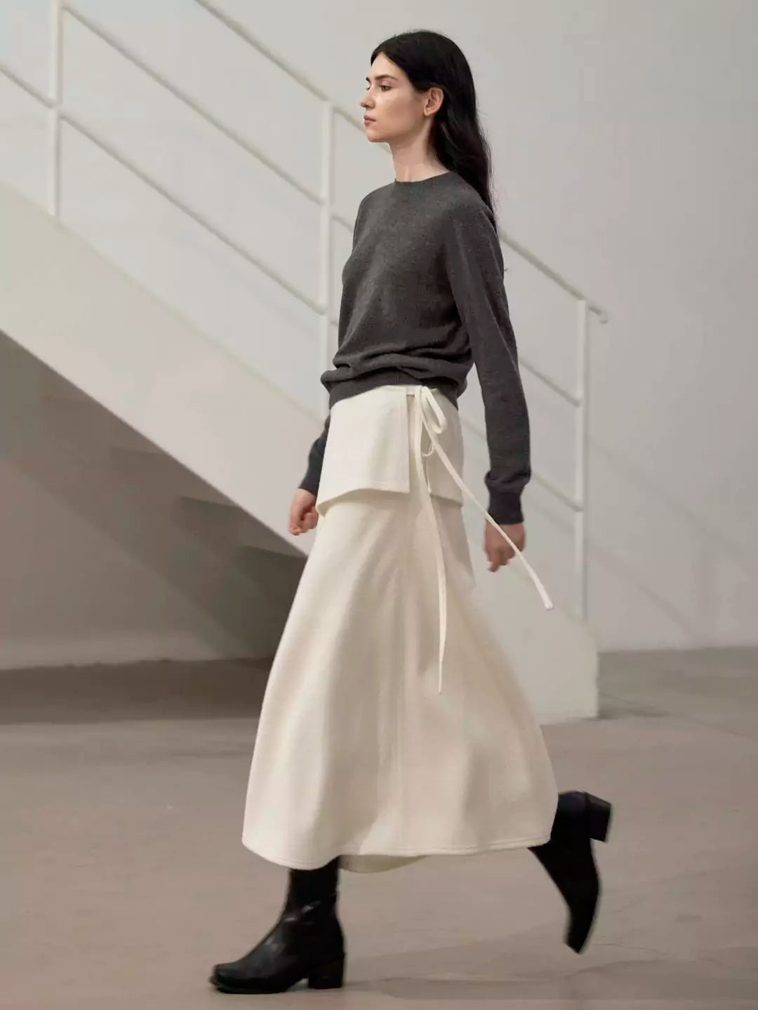 Wool A-Line Midi Skirt with Detachable Sheepskin Belt