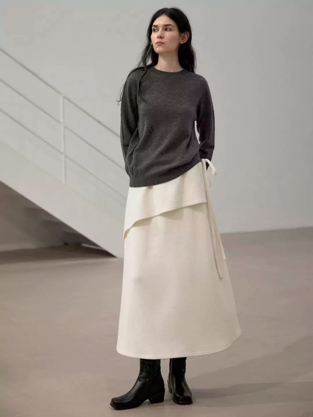 Wool A-Line Midi Skirt with Detachable Sheepskin Belt