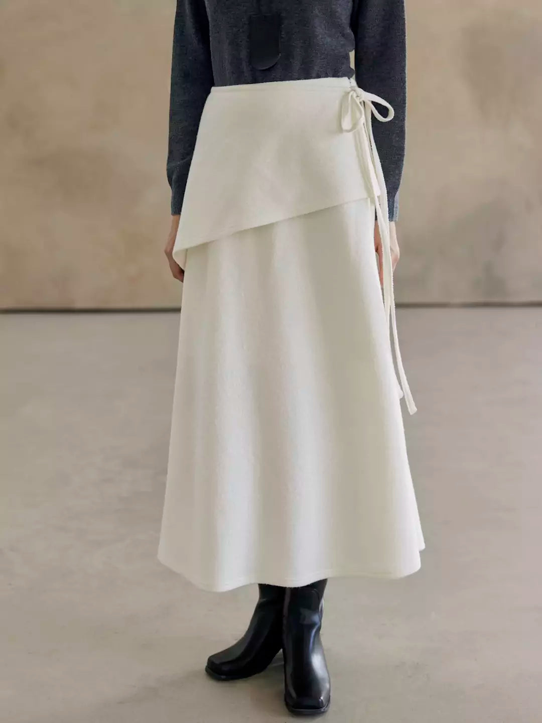 Wool A-Line Midi Skirt with Detachable Sheepskin Belt