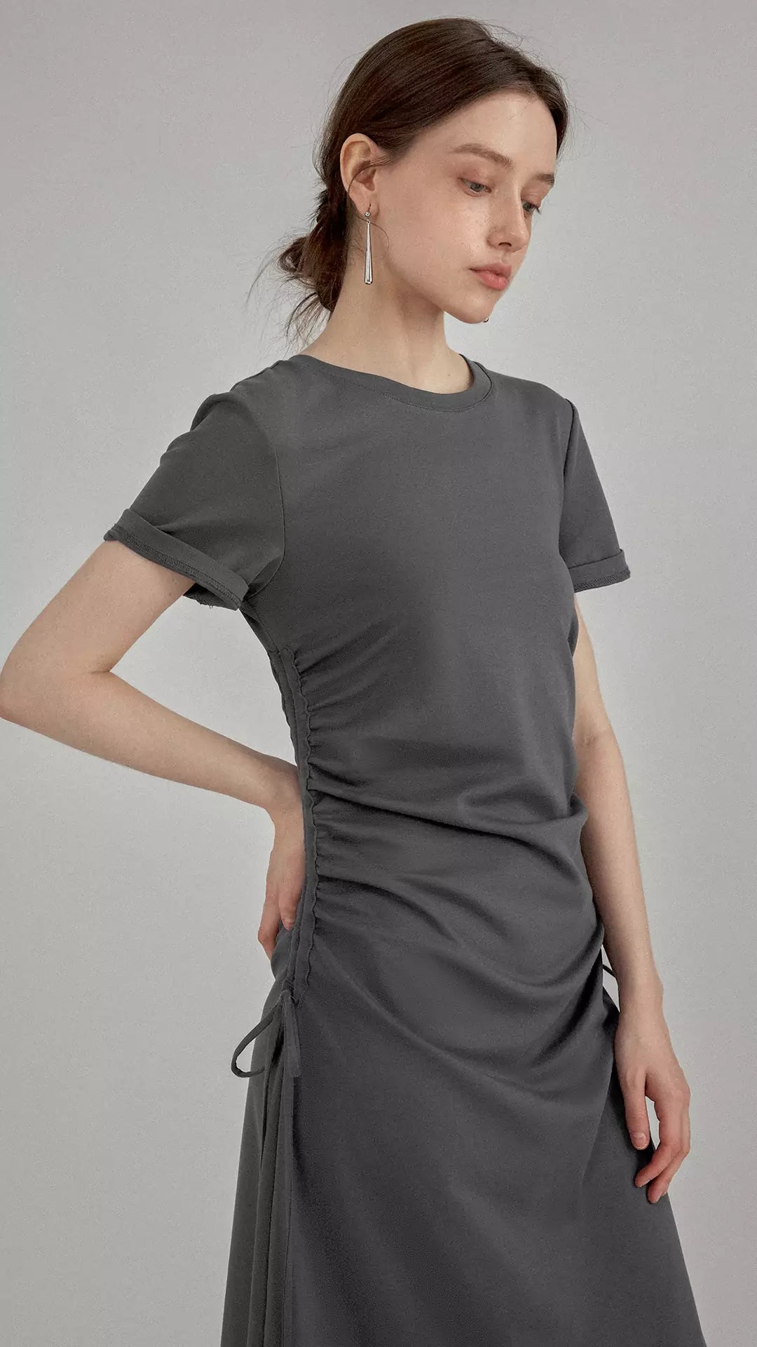 Ruched Side-Tie Midi T-Shirt Dress