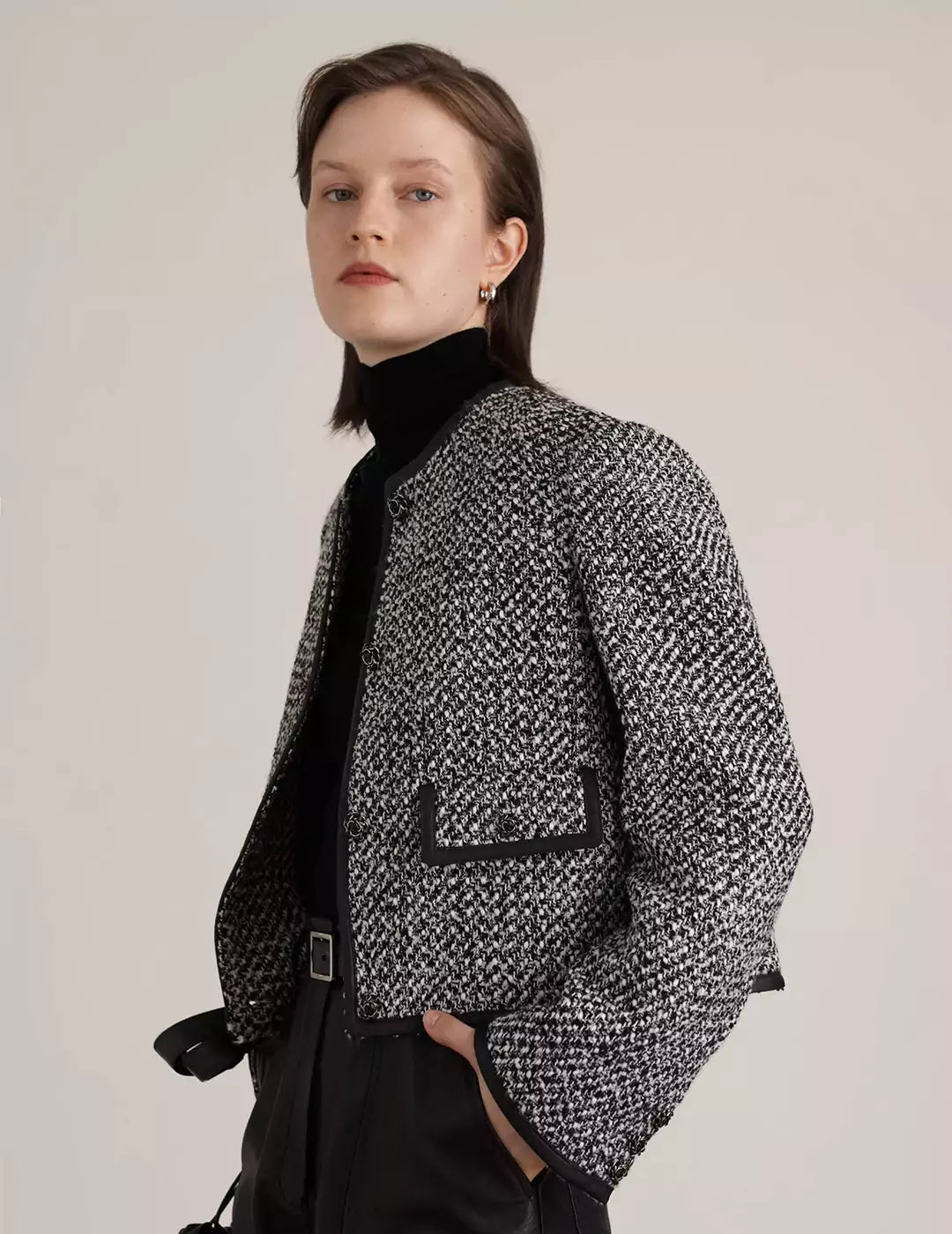 Tweed Wool & Leather Short Jacket