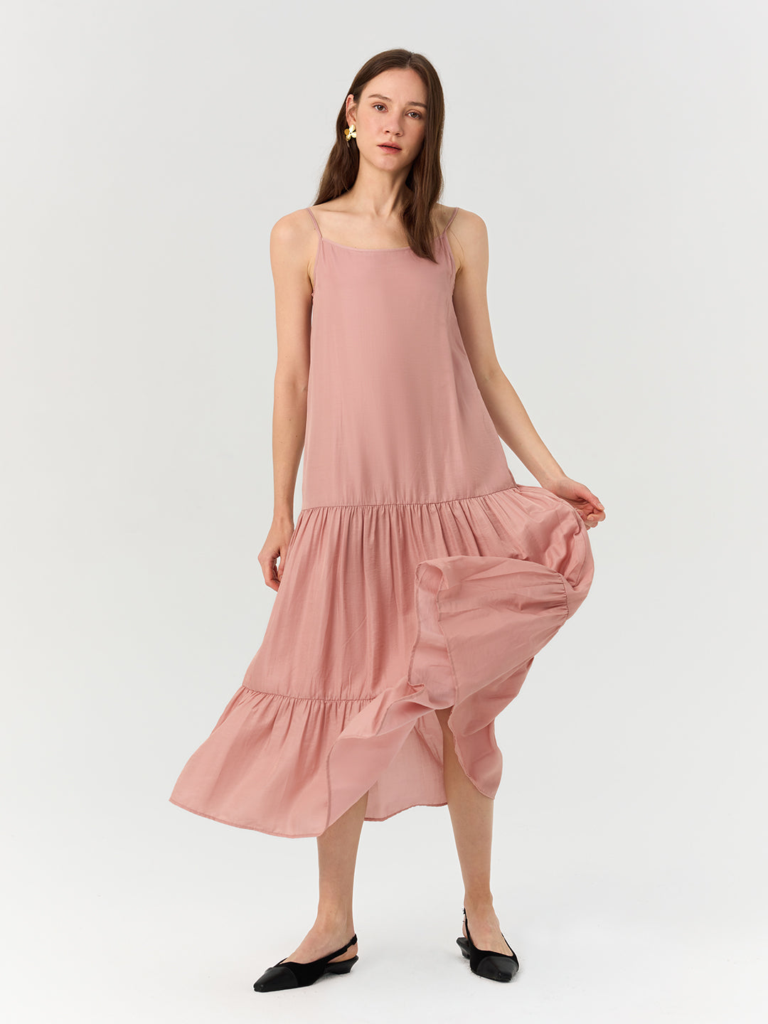 Elegant Solid Slip Tiered Cake Dress In Soft Pink