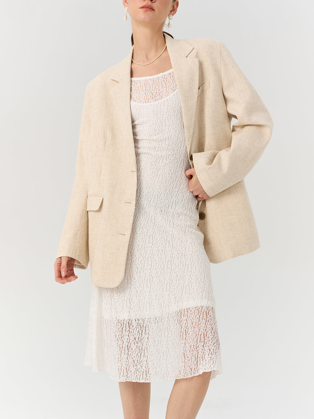 Linen-blend Casual Blazer with Shoulder Pads