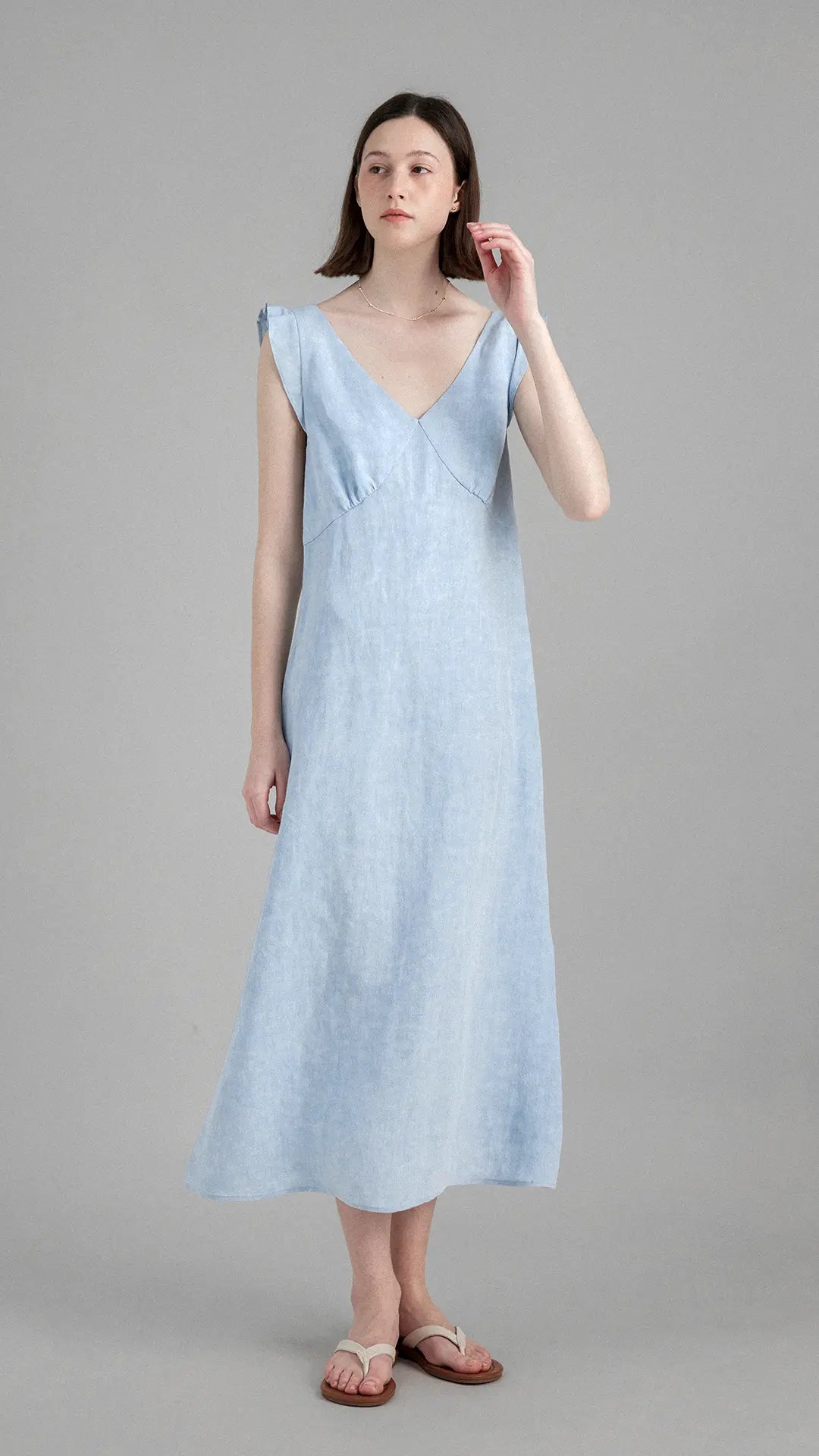 Elegant V-Neck Linen Midi Dress