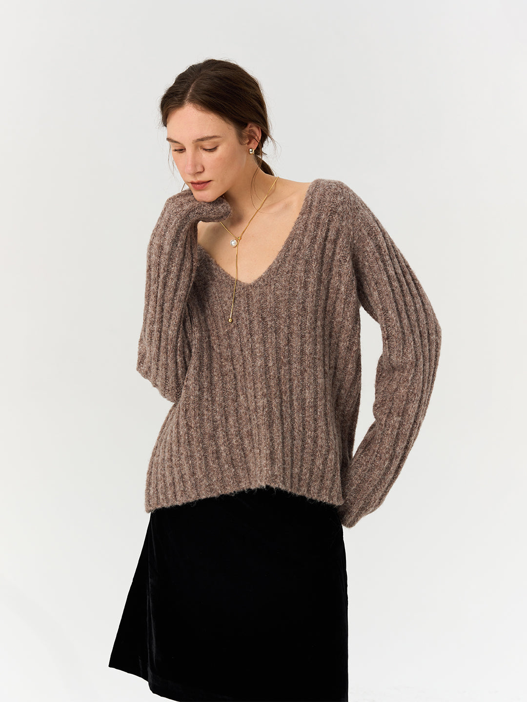 Deep V-Neck Loose Knitted Pullover Sweater