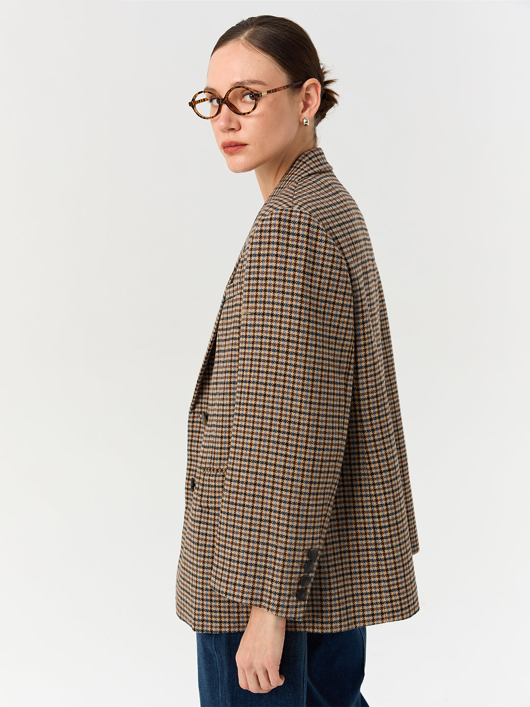 Houndstooth Double-Breasted Casual Blazer