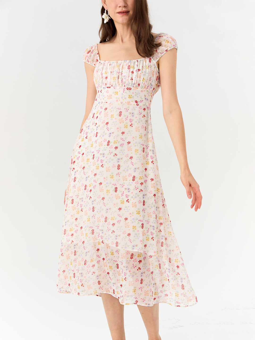 Pink Printed Cap Sleeve Pleated Dress