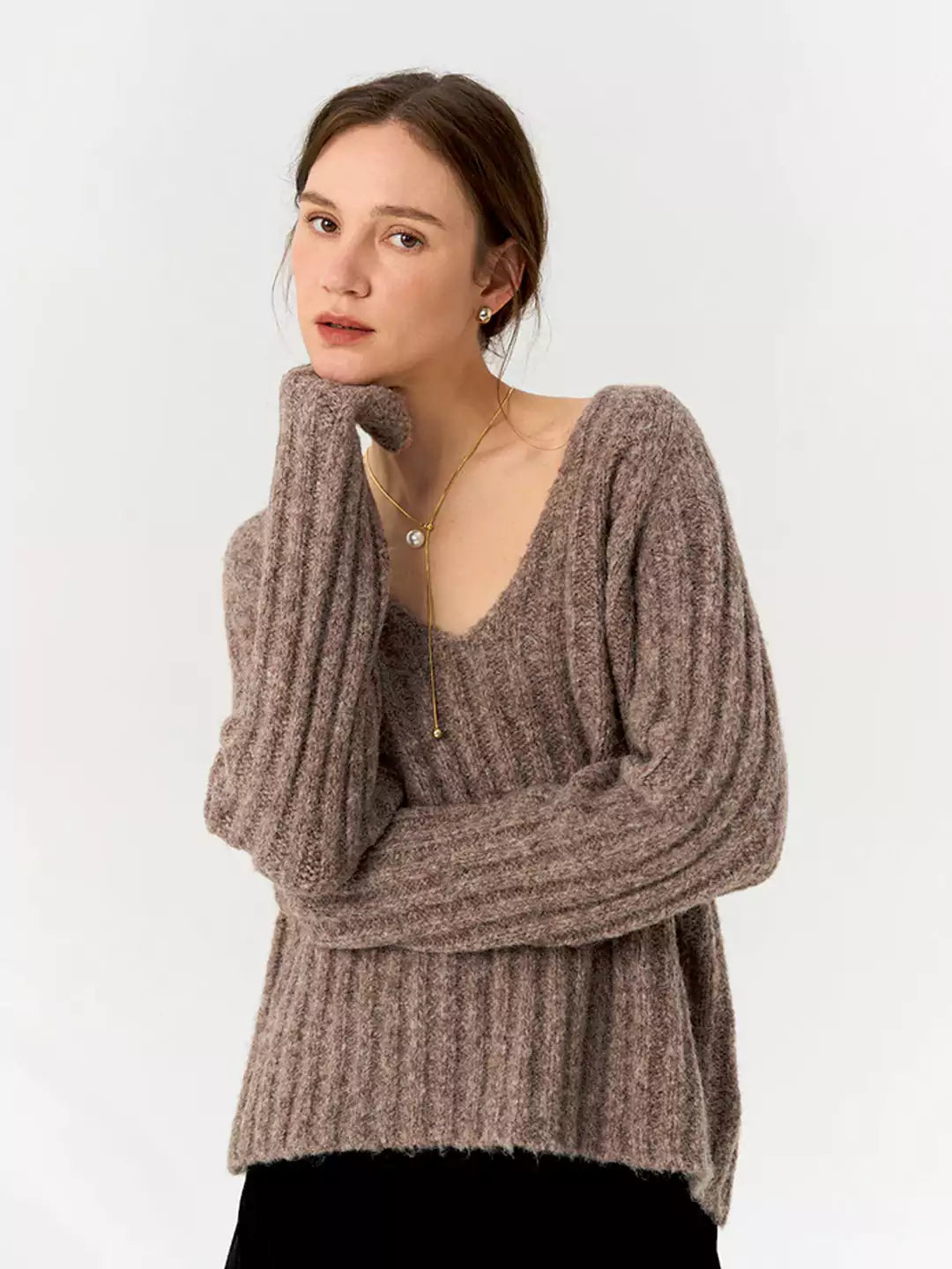 Deep V-Neck Loose Knitted Pullover Sweater