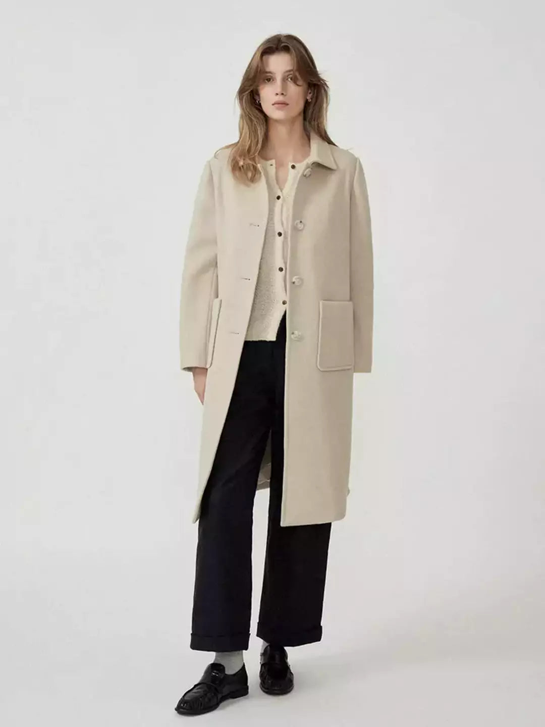 Long Pure Wool Turn-Down Collar Trench Coat