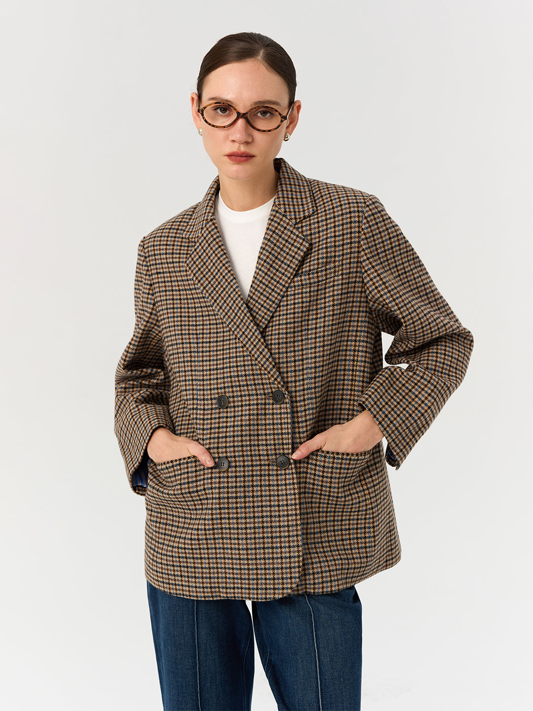 Houndstooth Double-Breasted Casual Blazer