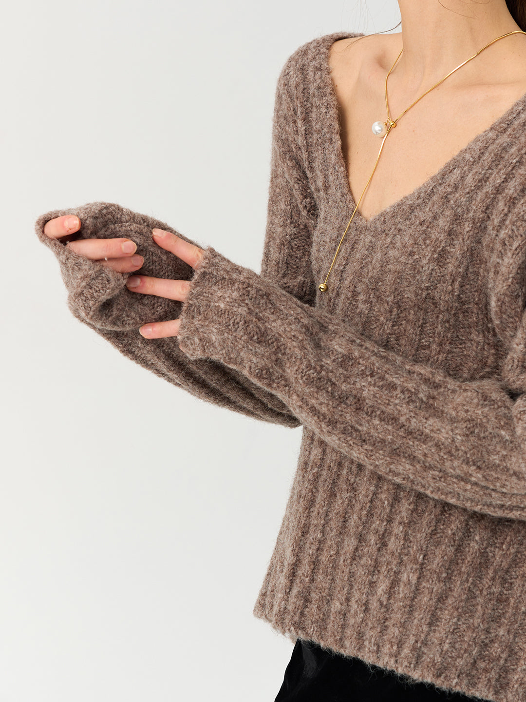 Deep V-Neck Loose Knitted Pullover Sweater