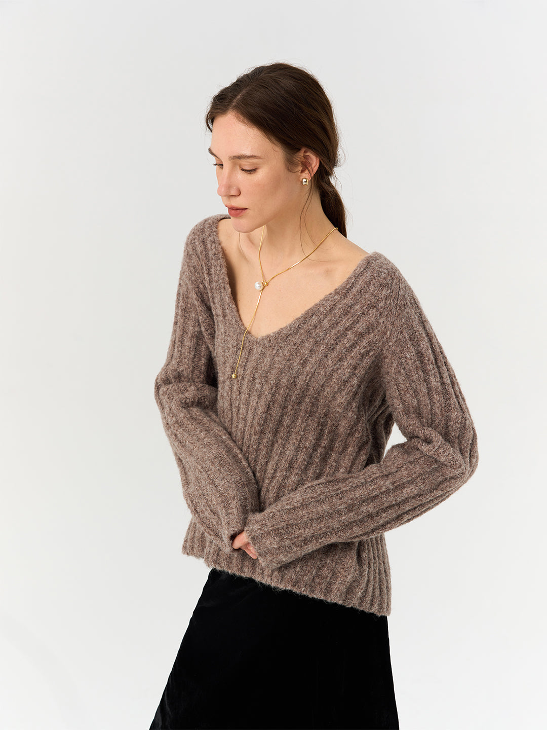 Deep V-Neck Loose Knitted Pullover Sweater