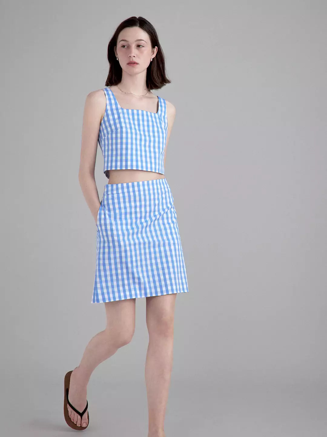 Linen Simple Strappy plaid Tank Top /Skirt