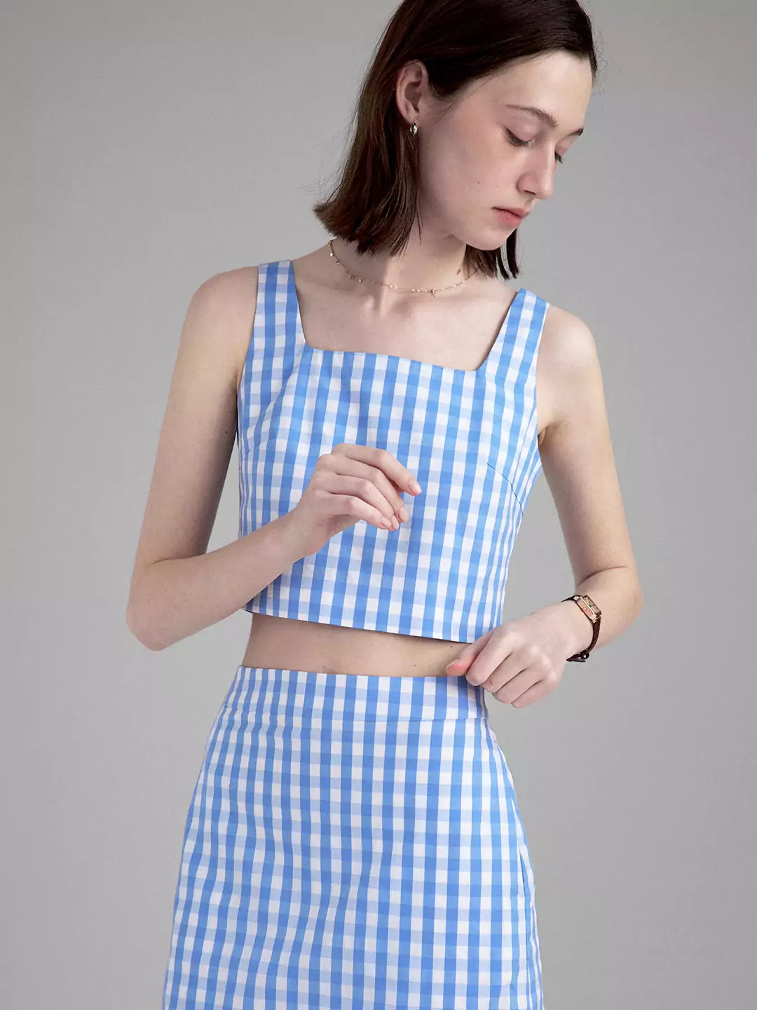 Linen Simple Strappy plaid Tank Top /Skirt