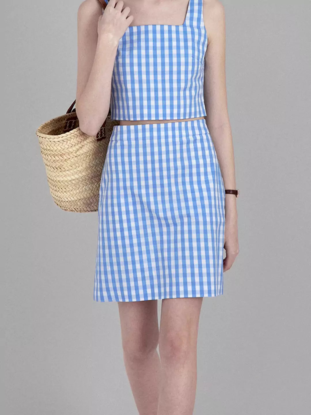 Linen Simple Strappy plaid Tank Top /Skirt