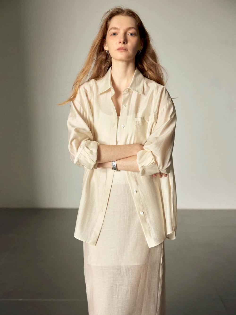 Semi-Sheer Acetate Linen Long-Sleeve Shirt